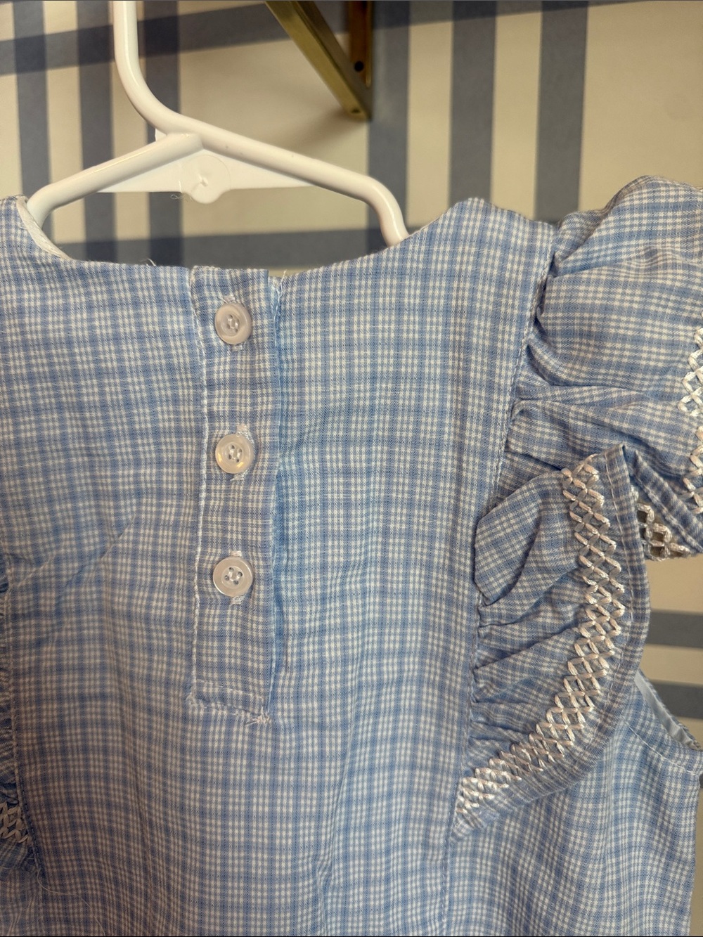 Light Blue Checked Embroidered Ruffle-Sleeve Kids Dress - 5 - Picture 7 of 8